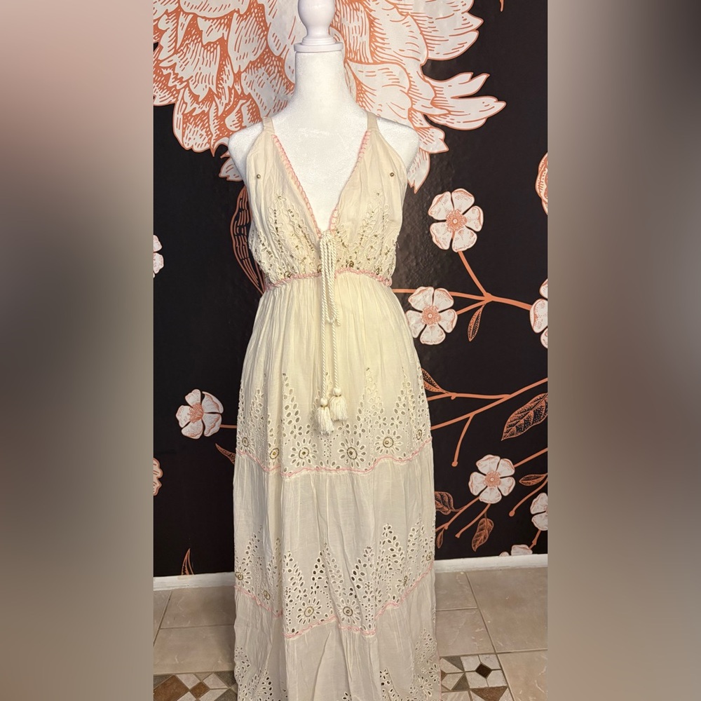 Papa Pia Bohemian Eyelet Maxi Dress in Cream with Pink Trim and Sequin Detail